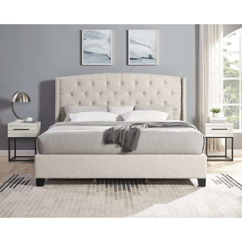Roundhill Furniture Astral 3-Piece Upholstered Bedroom Set Tufted Wingback Bed with Two Nightstands - White Nightstand - King