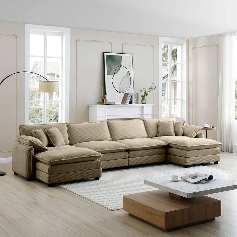 Tan 6-piece Corduroy U-Shaped Modular Sectional Sofa with 2 Ottomans