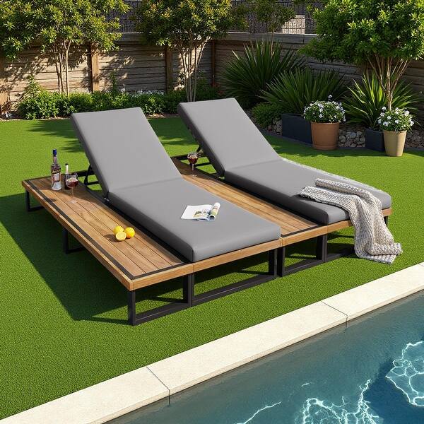 slide 2 of 20, Outdoor Chaise Lounge Chair with 5-Position Adjustable Backrest and Wood Side Table 2-Piece - Acacia Wood,Gray