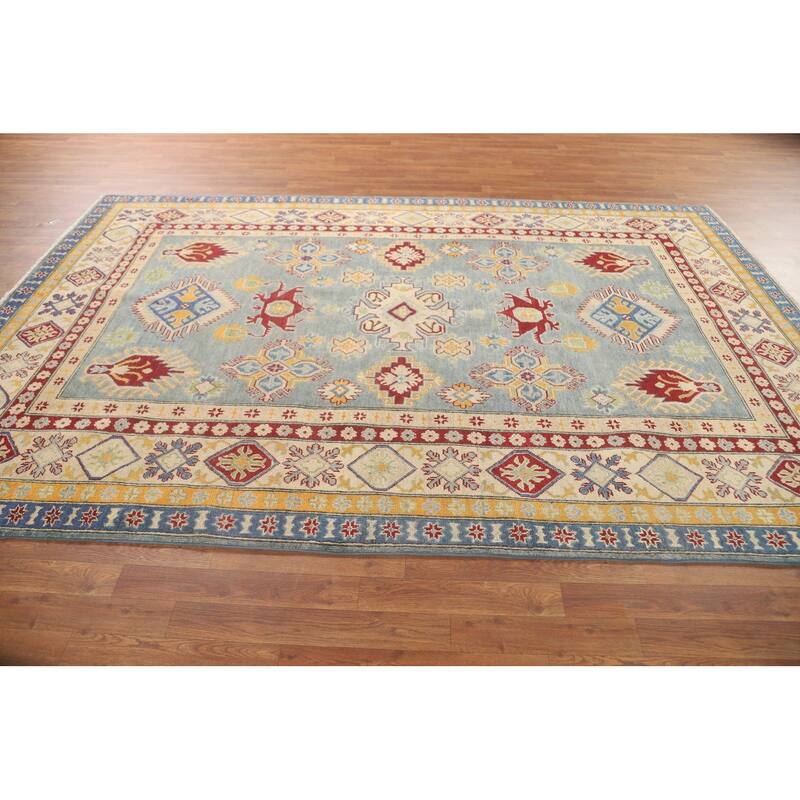 Geometric Kazak Area Rug Handmade Oriental Blue Wool Carpet - 6'7" x 9'10"