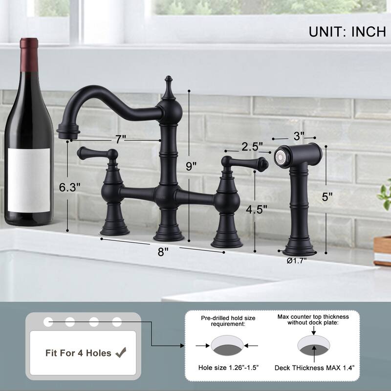 WOWOW Double Handle Bridge Kitchen Faucet with Side Sprayer