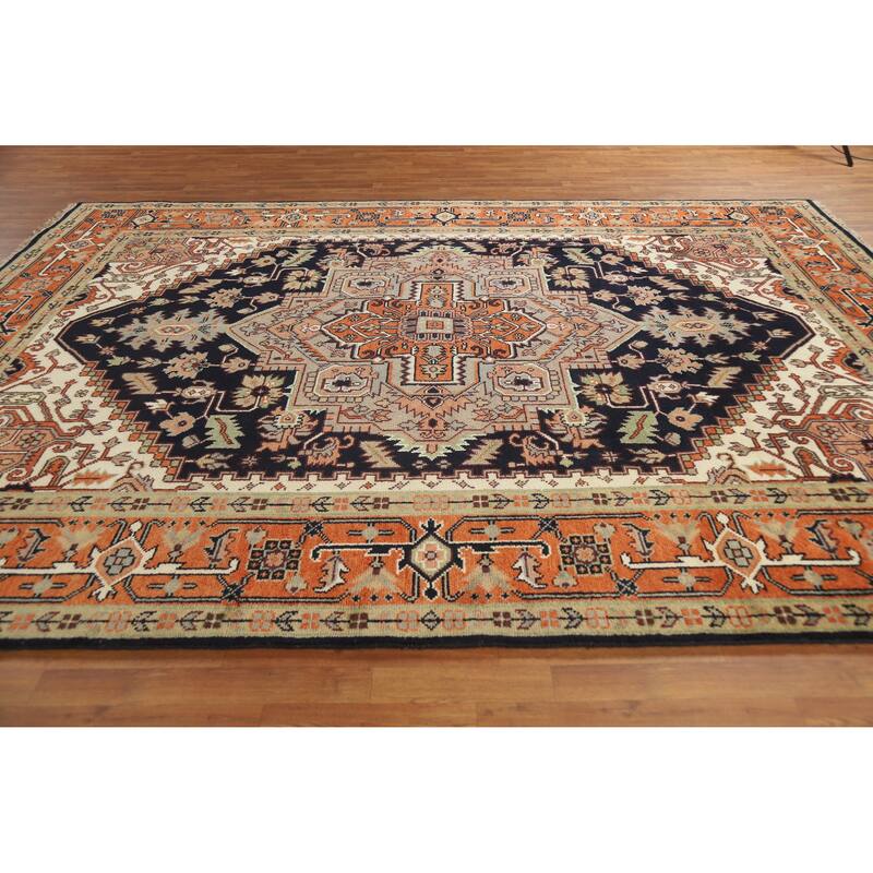 Dark Blue Heriz Serapi Indian Area Rug Hand-Knotted Wool Carpet - 8'11" x 11'11"
