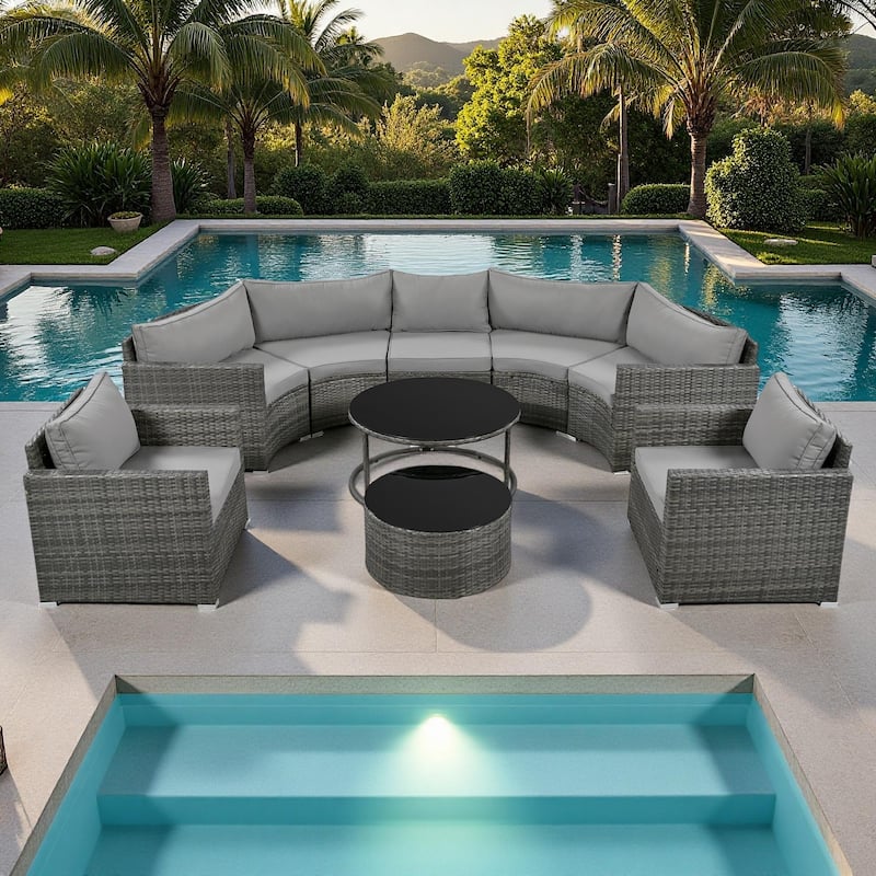 9-Piece Outdoor Patio Wicker Half-Moon Sectional Sofa Set with Nesting Coffee Table and 2 Armchair - Gray