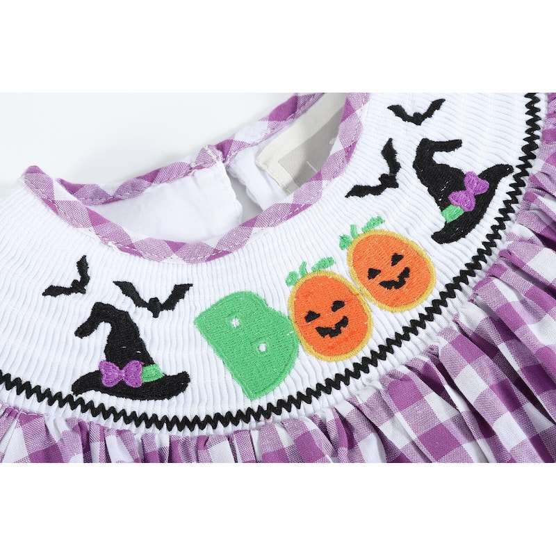 Lil Cactus Purple Gingham Halloween Boo Smocked Bishop Dress