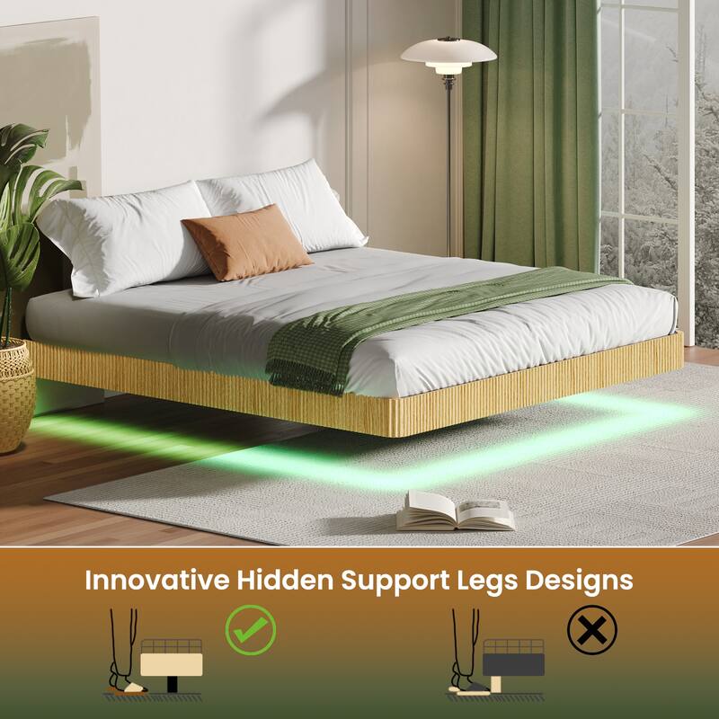 Smart LED Floating Bed without Headboard, Wave Curve Wood Texture Bed Frame, Heavy Duty Metal Slat Support
