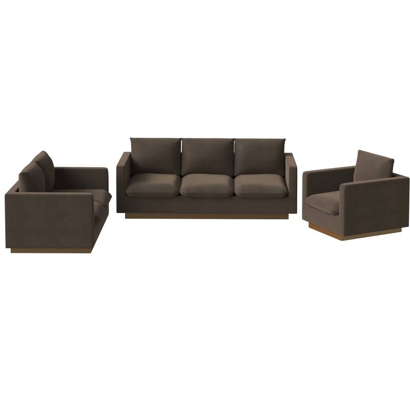 3-Piece Velvet Sofa Set with Brushed Gold Stainless Steel Base Nervo Series
