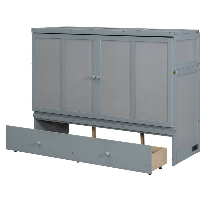 Queen Size Murphy Bed with USB Port and Large Drawer, Space-Saving Design, No Box Spring Needed, Espresso Finish