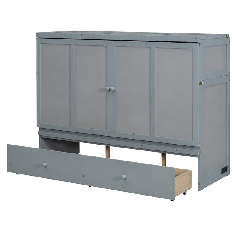 Queen Size Murphy Bed with USB Port and a Large Drawer, Murphy Bed for Small Space