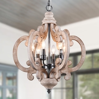 Oaks Aura 6-Light Rustic Wood Chandelier Farmhouse Shabby Chic Chandeliers for Dining Room Wood Pendant Light