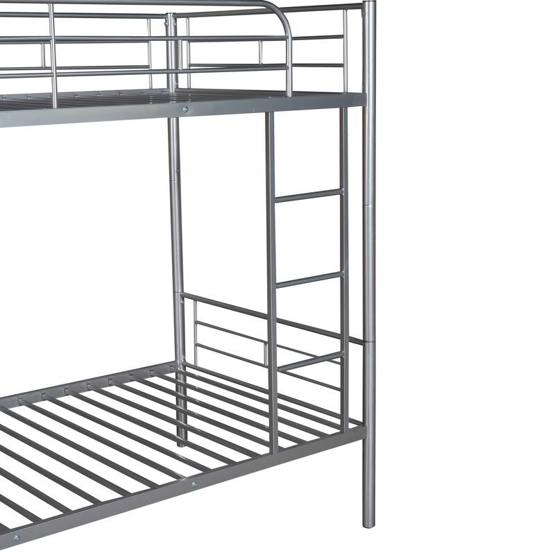 Silver Twin Over Twin Metal Bunk Bed with Safety Guardrails & Space-Saving Design