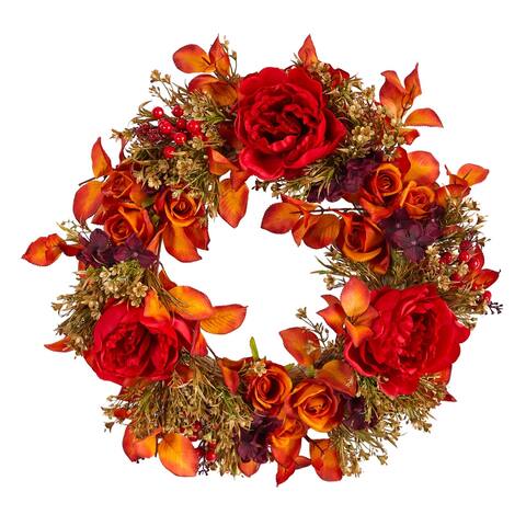 Rose and Peony Artificial Fall Harvest Wreath, 22-Inch