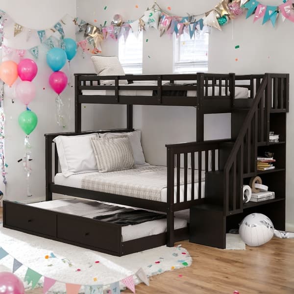 slide 2 of 44, Twin Over Full Bunk Bed with Twin size Trundle,GuardRail