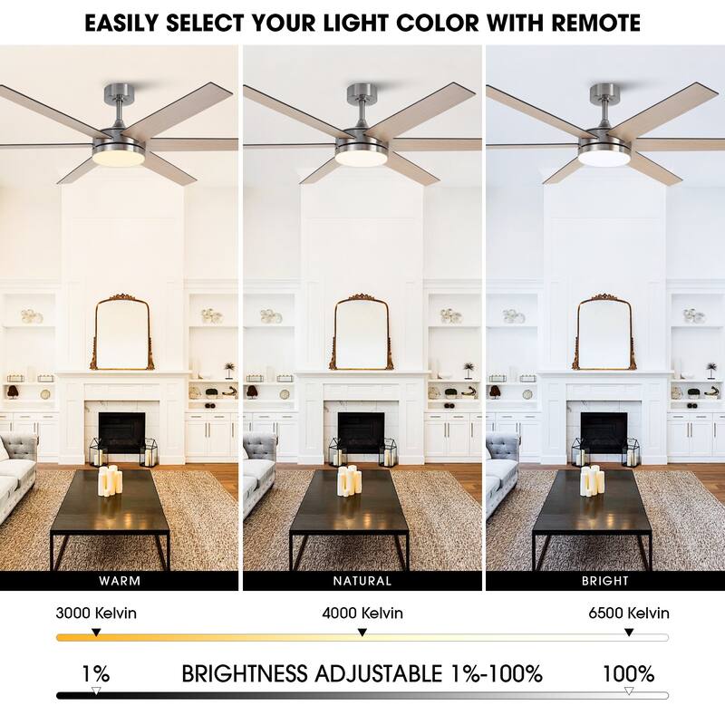 60-in Modern Brushed Nickel Wood Large Remote Indoor Smart Ceiling Fan with Light and APP