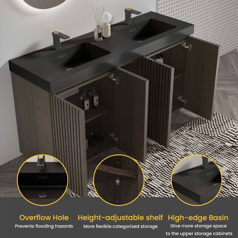 GDFStudio - Galan 60" Freestanding Bathroom Vanity with Quartz Sink, Solf Close Doors, Open Storage Shelf, NO Drain & Faucet