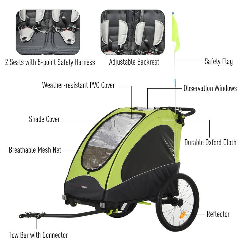 Aosom 3-in-1 Folding Child Bike Trailer Jogging & Baby Stroller with Shock Absorbing Frame & Adjustable Handlebar