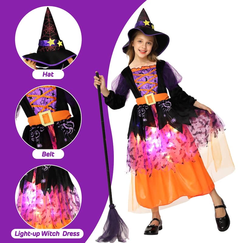 Halloween Witch Costume for Girls Toddler,Light Up Witch Costume,M