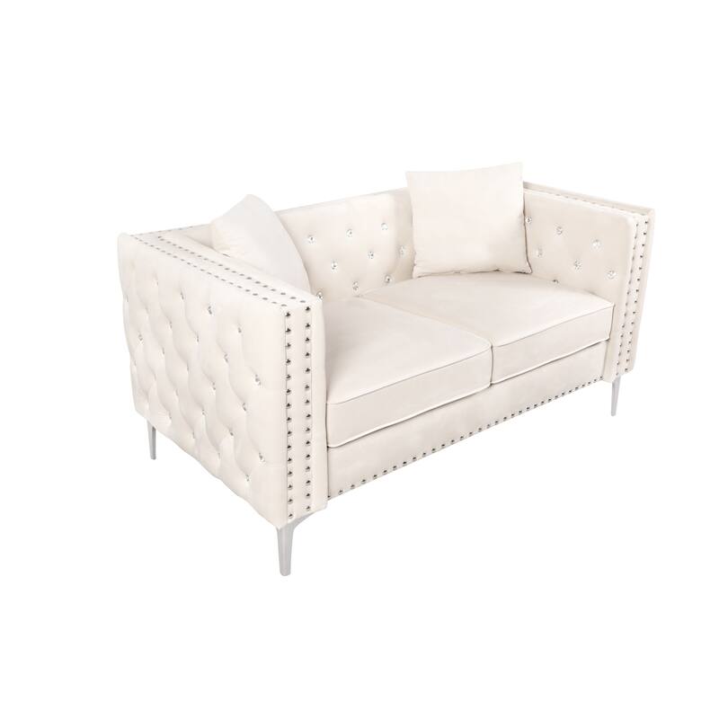 82.3" Width Modern Velvet Sofa Jeweled Buttons Tufted Square Arm Couch ,2 Pillows Included,Beige,4 colors - N/A