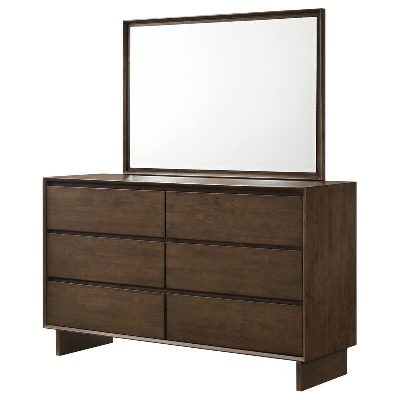 6-Drawer Warm Brown Dresser and Mirror Set with Smooth Glide Drawers, Sleek Modern Lines, and Ample Storage Space