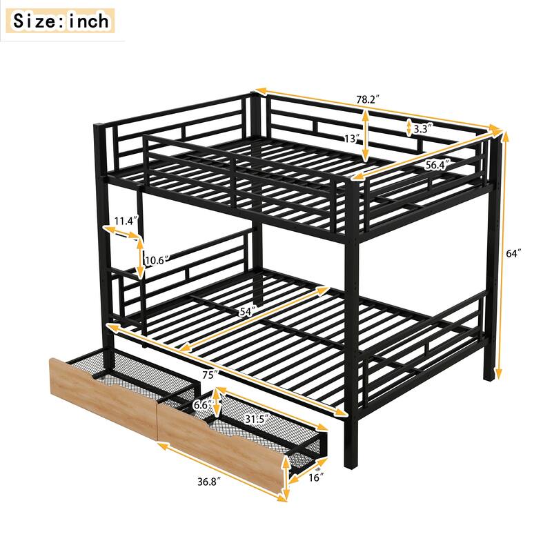 Full Size Convertible Metal Bunk Bed with 2 Drawers, Black