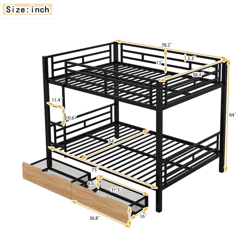 Metal Full Size Convertible Bunk Bed with 2 Drawers