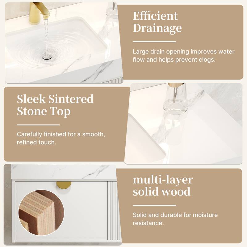 36" Single Bathroom Vanities with Sintered StoneTop, Wall Mount Vanities with Ample Storage