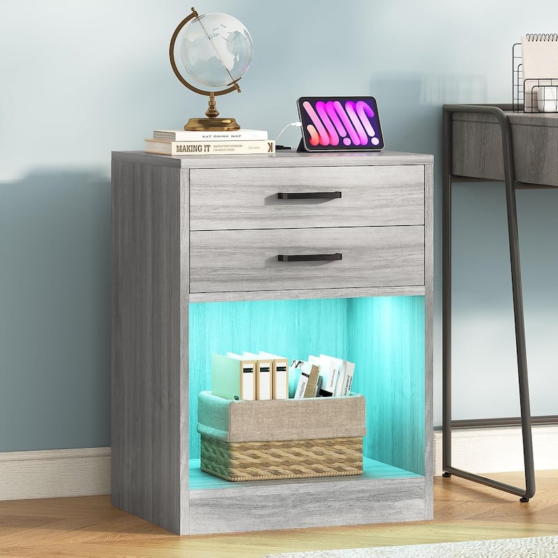 LED Nightstands Set of 2 Nightstand Bedroom Power Outlets 2 Drawers