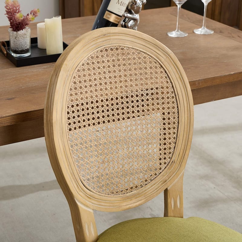 Modern Dining Chair, Solid Wood Frame Linen Fabric Rattan Back Dining Chair,Set of 2