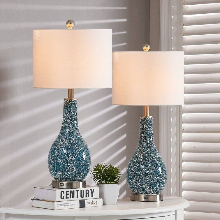 25.25" Glass Table Lamp Set with USB (Set of 2)