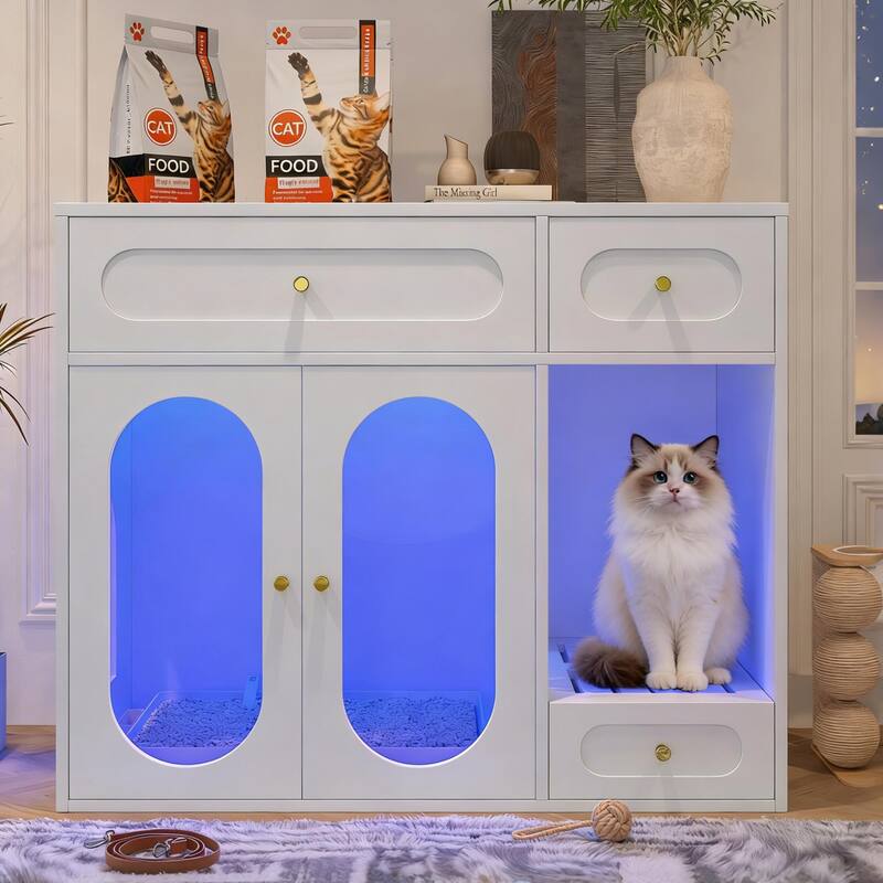 Cat Litter Box Enclosure with LED Light, Hidden Litter Box Furniture with Storage Drawers, Indoor Pet House with Acrylic Doors