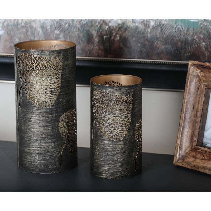 Metal Leaf Decorative Indoor Outdoor Candle Lantern with Gold Interior - Set of 3 Gold or Copper - Roche River Decor