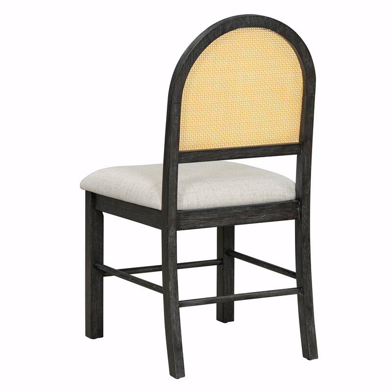 7-Piece Farmhouse Dining Table Set for 6 - 59.8" Rectangular Table with Distressed Oak Veneer & 6 Rattan Chairs