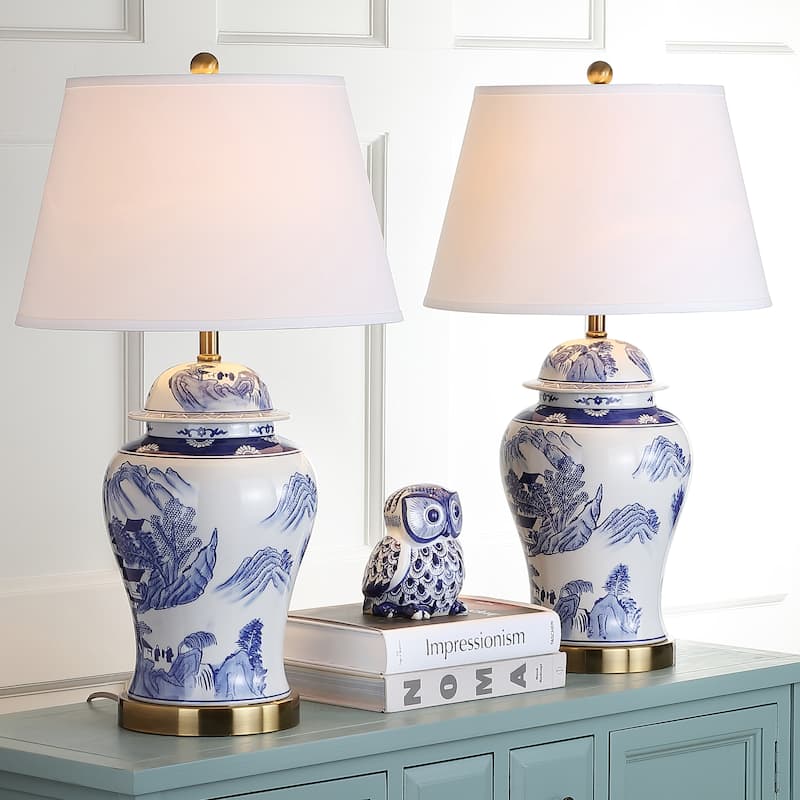 SAFAVIEH Lighting 29-inches Shanghai Blue/ White Ginger Jar (Set of 2) - 17"x17"x29.5"