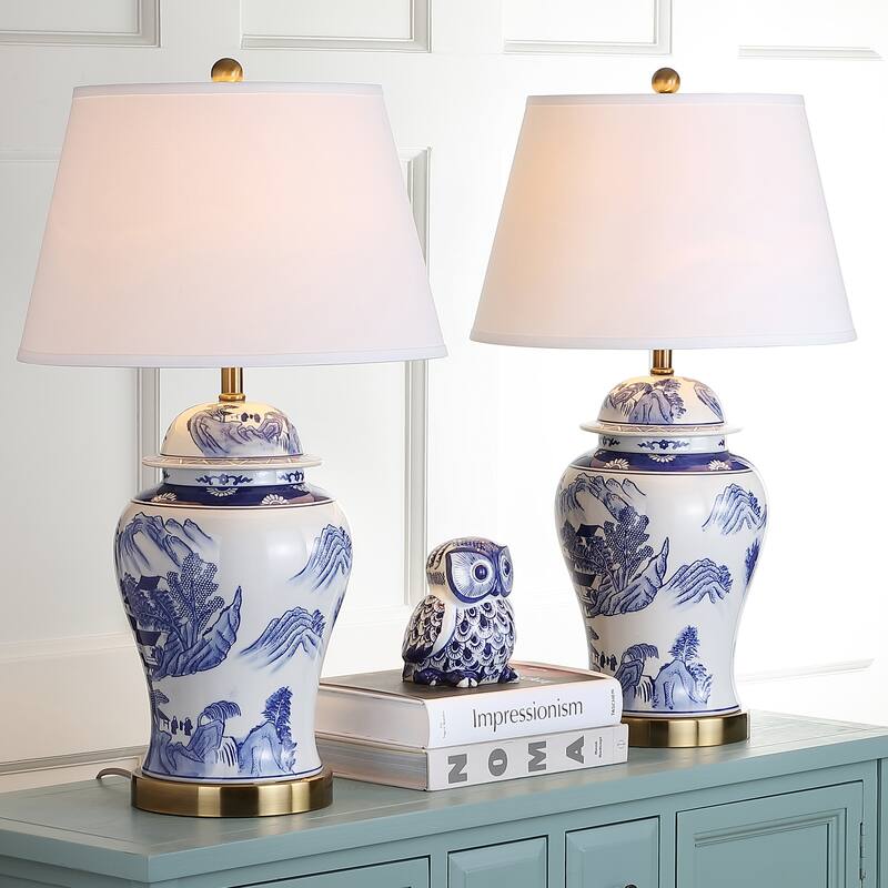 SAFAVIEH Lighting Tamiko 29-inches Blue/ White Ginger Jar (Set of 2) - 17"x17"x29.5" - 17Wx17Dx30H