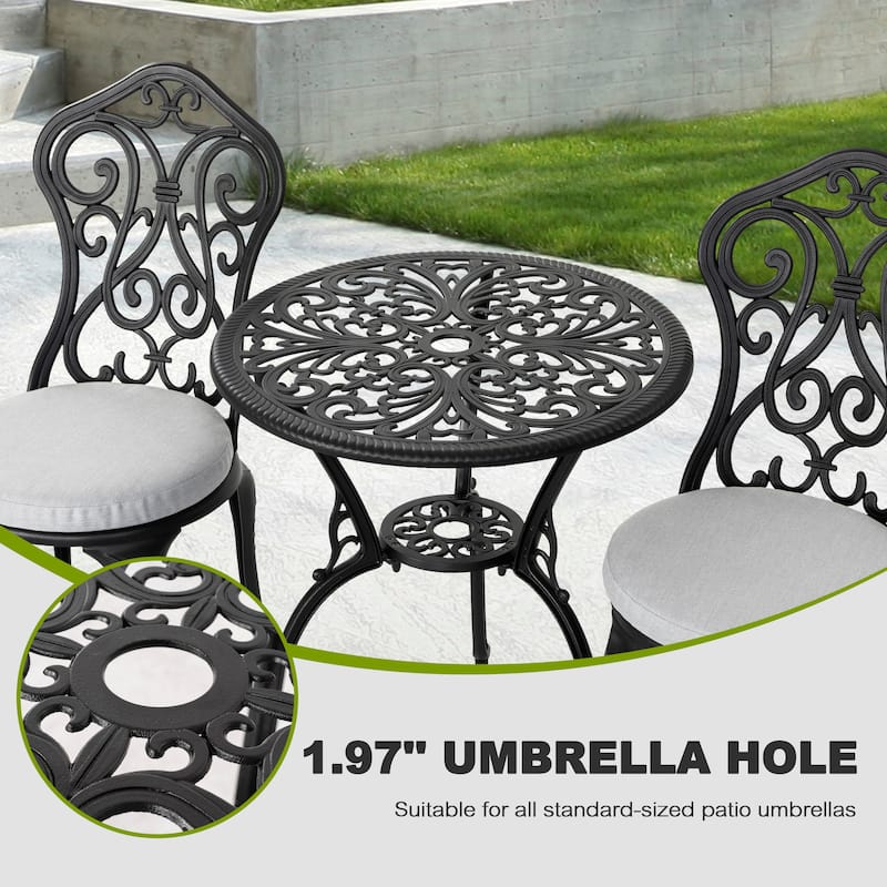 Patio 3-Piece Cast Aluminum Bistro Set with Cushions, Umbrella Hole