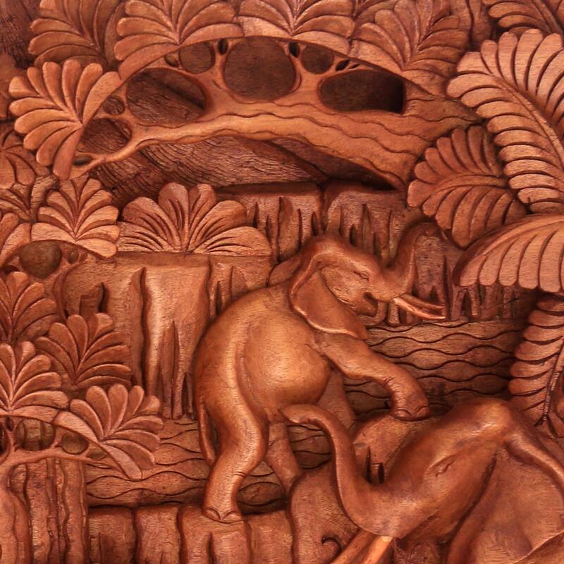 Novica Handmade Elephant Life Wood Relief Panel