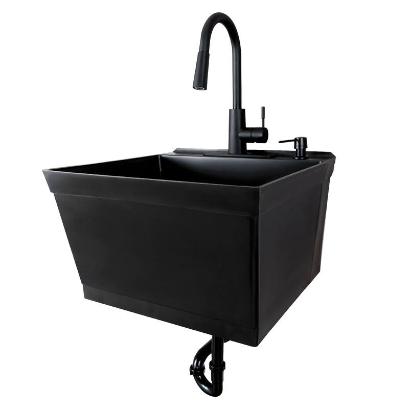 TEHILA 19-Gallon Wall-mounted Utility Sink 22.88 in. W Laundry Tub with Pull-down Faucet - Black