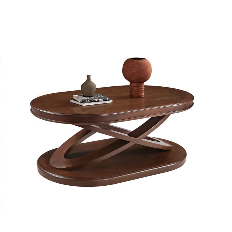 Solid Wood Oval Coffee Table with X-Shaped Base for Living Room Use