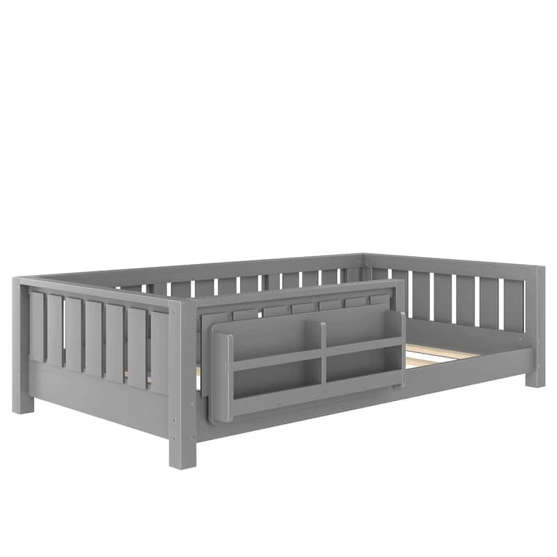 Low Profile Montessori Bed Floor Platform Bed with Fence and Bookshelf