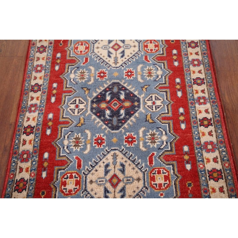 Blue Geometric Kazak Foyer Rug Handmade Traditional Wool Carpet - 2'1" x 2'11"