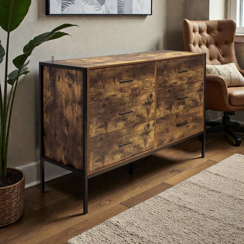 Industrial 6 Drawer Double Dresser, Rustic Brown Wood Storage Chest with Steel Frame for Bedroom Living Room