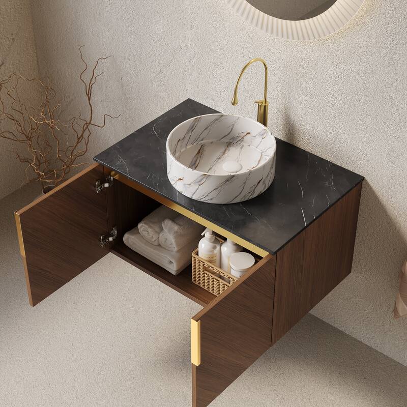 GDF Studio - Arai Modern 30" Floating Bathroom Vanity with Black Sintered Stone Countertop, Ceramic Basin & Double Doors - Stone White