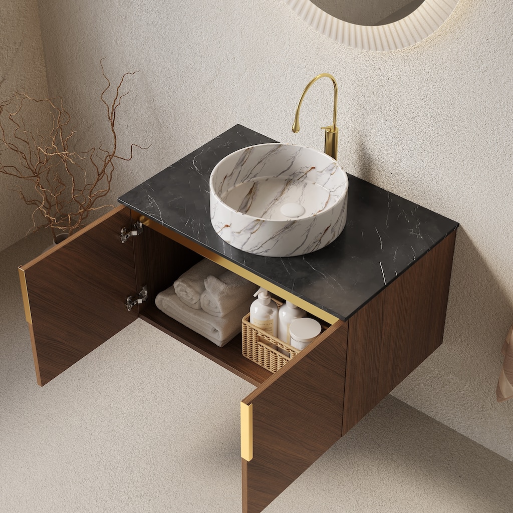 Wall-Mounted Single Sink Bathroom Vanity Cabinet, Countertop Round Ceramic Basin with Stone Pattern, 30 Inch / 60 Inch