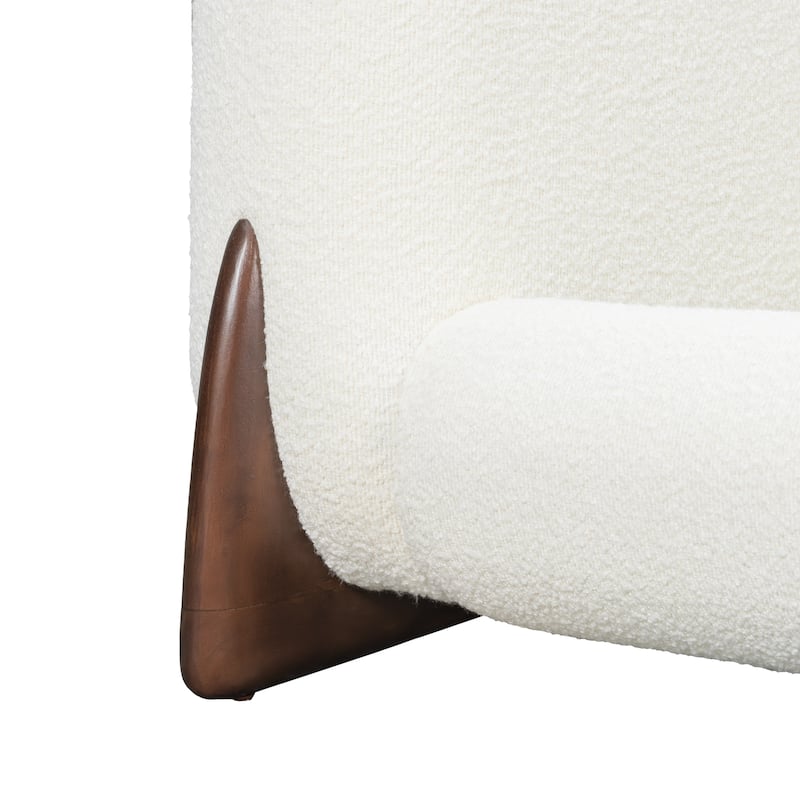 White Upholstered Low-Profile Platform Bed with Boucle Thick Headboard, Solid Wood Legs Grounded Bed Frame, Floor Bed