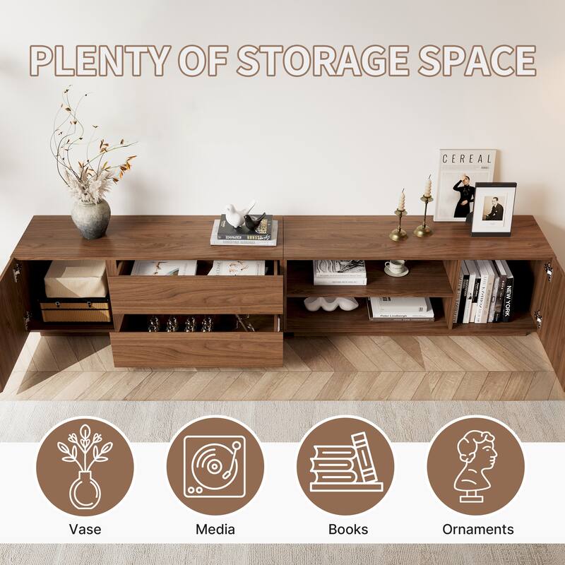 94.7" Modern Mid-Century Brown Wood TV Stand with Storage - Convertible Flat/Stackable Media Console for Living Room