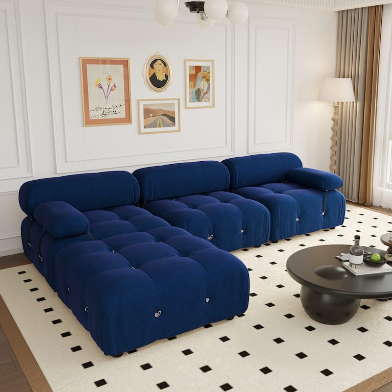 104" Wide Velvet Reversible Modular Sofa & Chaise with Ottoman - Blue