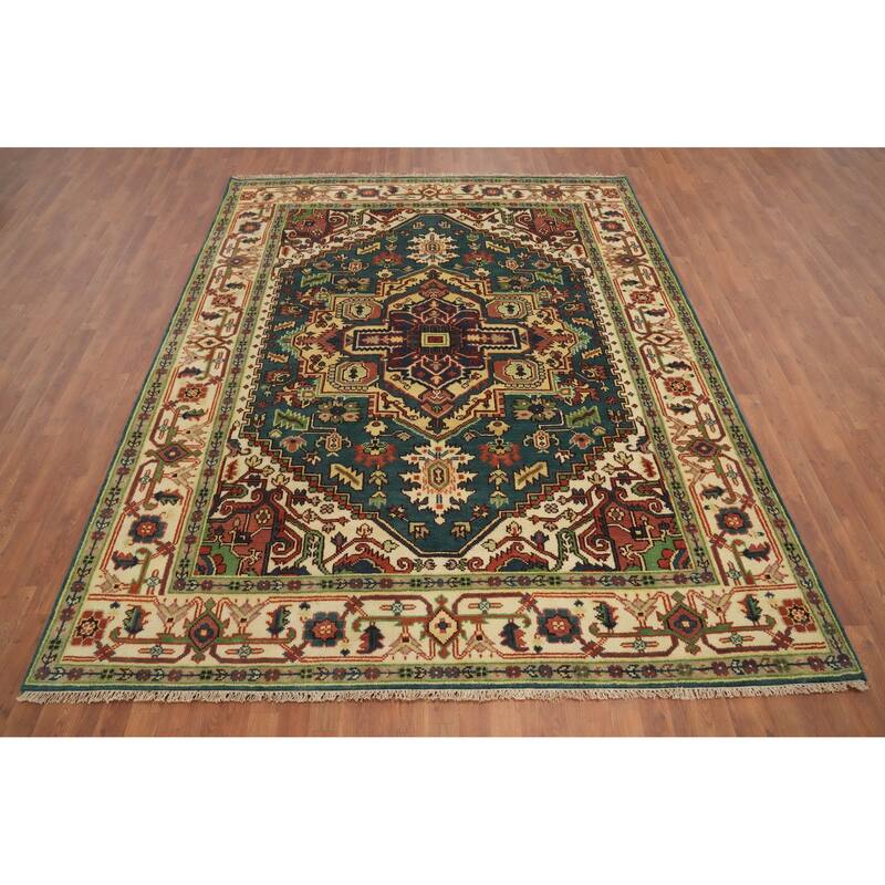 Hand Knotted Oriental 100% Wool Carpet Traditional Medallion Navy Blue & Blues Heriz (serapi) Area Rug - 9' 10'' X 7' 11''