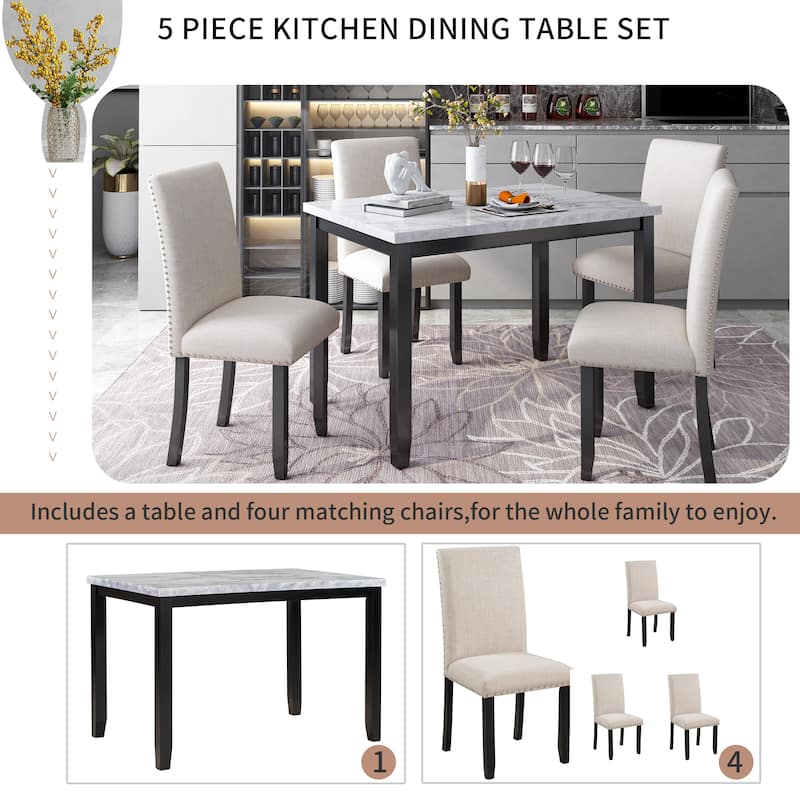 Faux Marble 5-Piece Dining Set Table with 4 Thicken Cushion Dining Chairs Home Furniture, White/Beige+Black