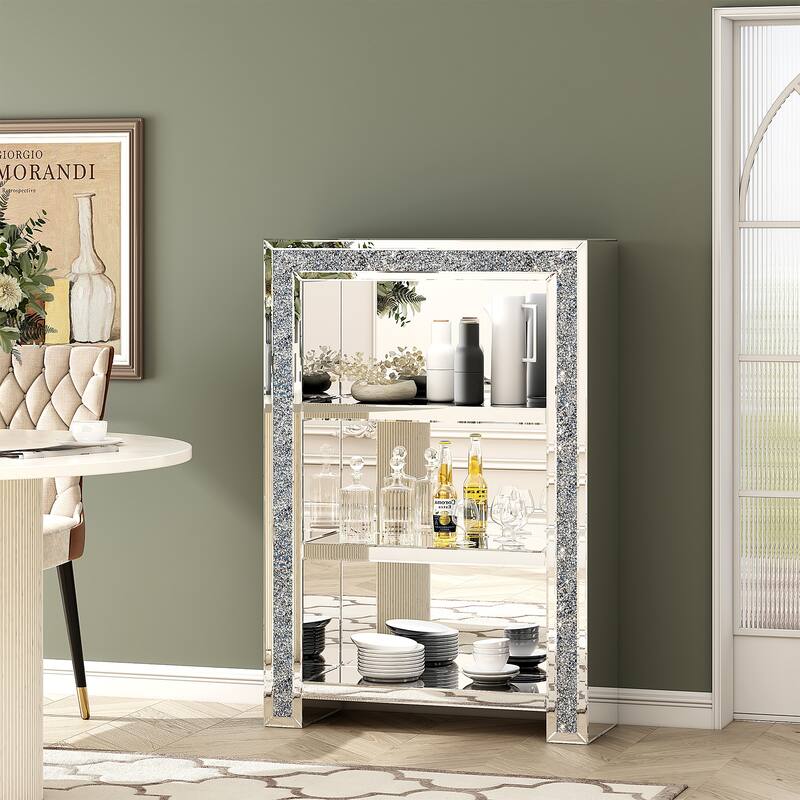 3 Shelves Glass Display Accent Cabinet with Door Crushed Diamond Inlay