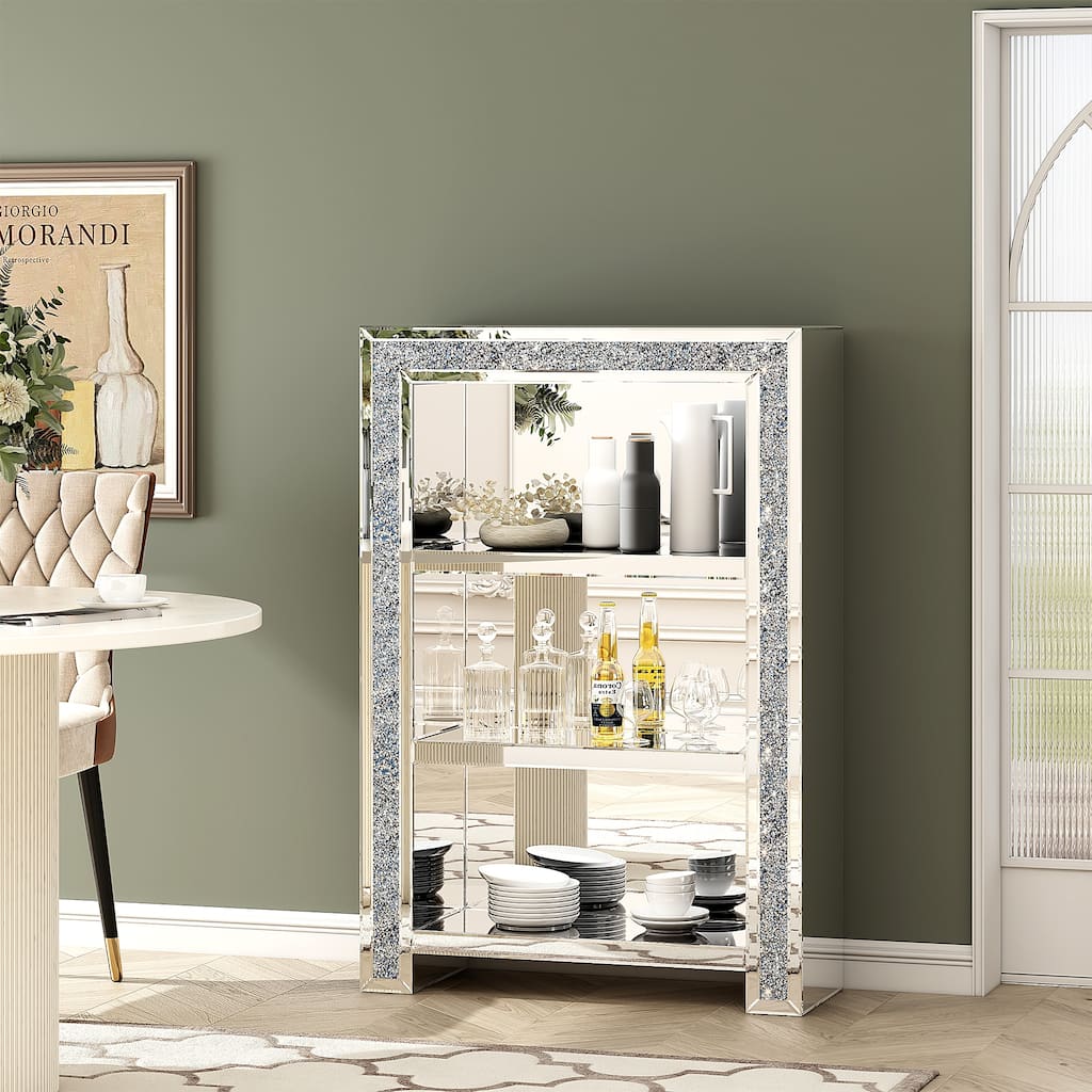3 Shelves Glass Display Accent Cabinet with Door Crushed Diamond Inlay