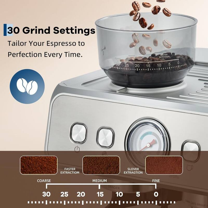Espresso Coffee Machine with Grinder & 20 Bar Pressure, 2.8L Removable Water Tank, Silver